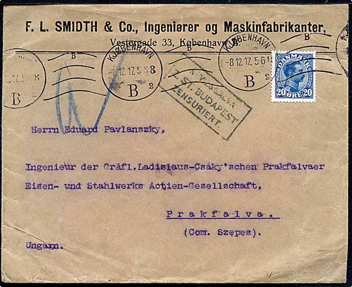 20 øre Chr. X single på brev fra Kjøbenhavn d. 8.12.1917 til Prakfalva, Ungarn. Åbnet af ungarsk censur i Budapest.