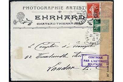 5 c. og 10 c. (2) på illustreret kuvert fra Chateau Thierry d. 3.12.1915 til London, England. Åbnet af fransk censur og ank.stemplet i London d. 7.12.1915.