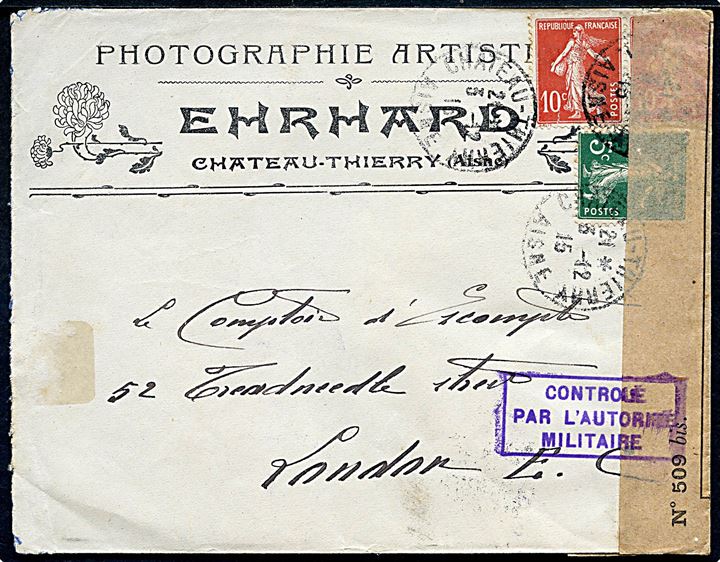 5 c. og 10 c. (2) på illustreret kuvert fra Chateau Thierry d. 3.12.1915 til London, England. Åbnet af fransk censur og ank.stemplet i London d. 7.12.1915.