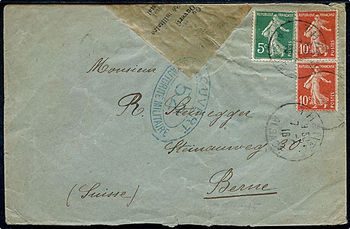 5 c. og 10 c. (2) på brev fra fransk besat Ober Elsass annulleret Thann Alsace d. 7.2.1916 til Bern, Schweiz. Åbnet af fransk censur i Belfort. 