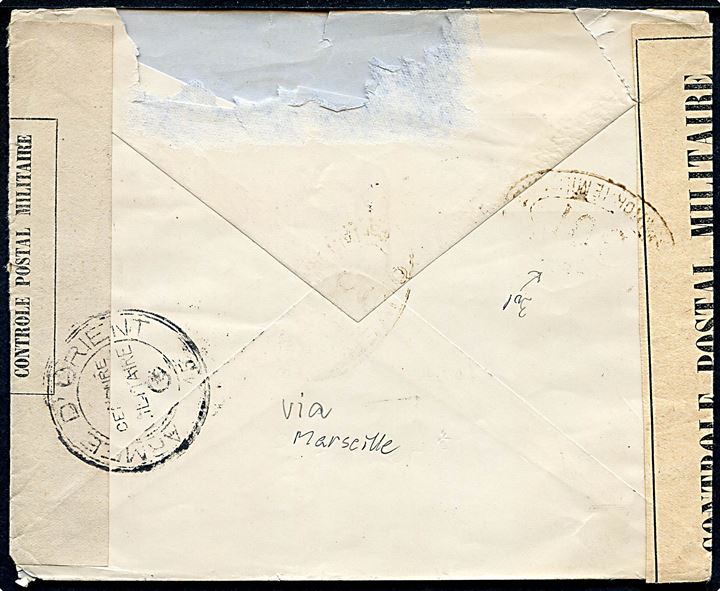 5 l. (5) på brev fra Saloniki d. 28.2.1917 til Paris, Frankrig. Åbnet af fransk militærcensur i Orienten. Rifter.
