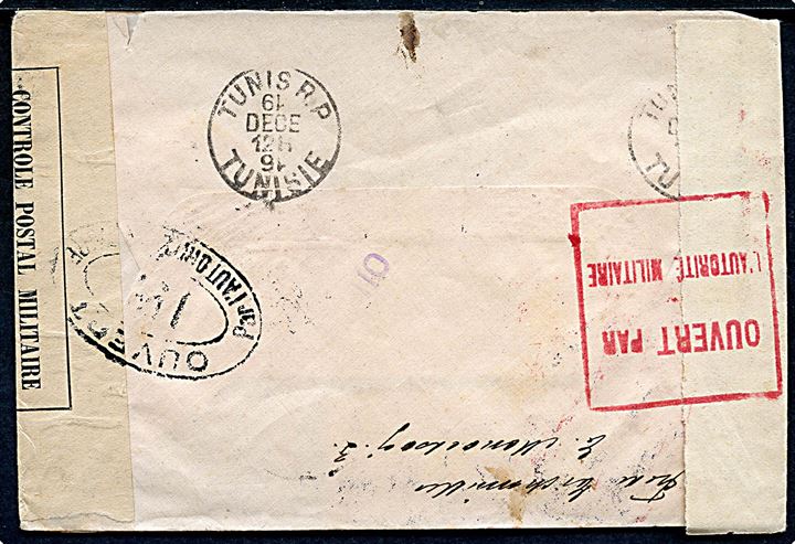 5 øre Chr. X (4) på brev fra Kjøbenhavn d. 5.12.1916 til Tunis, Nordafrika. Åbnet af fransk censur i både Dieppe og Nordafrika.