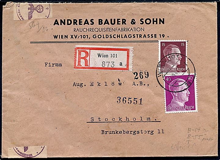 Tysk 15 pfg. og 40 pfg. Hitler på anbefalet brev fra Ostmark (Østrig) stemplet Wien d. 17.10.1944 til Stockholm, Sverige. Åbnet af tysk censur i Berlin.