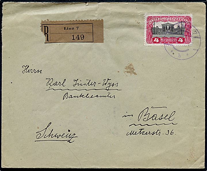 4 kr. Infla udg. single på anbefalet brev fra Linz d. x.6.1920 til Basel, Schweiz.