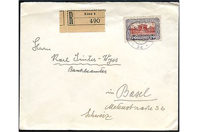 20 kr. Infla udg. single på anbefalet brev fra Linz d. 18.10.1921 til Basel, Schweiz.