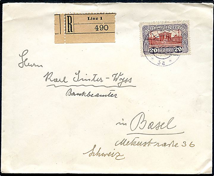 20 kr. Infla udg. single på anbefalet brev fra Linz d. 18.10.1921 til Basel, Schweiz.