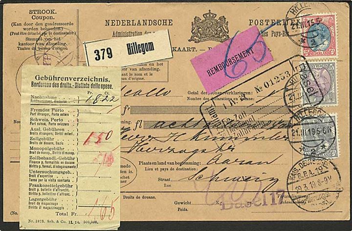 10 c., 25 c. og 50 c. Wilhelmina på internationalt adressekort for pakke med opkrævning fra Hillegom d. 27.3.1919 til Aarau, Schweiz.