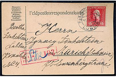 15 h. Franz Joseph K.u.K. Feldpost udg. på frankeret feltpostkort annulleret K.u.K. Etappenpostamt Lublin d. 11.7.1917 til Zürich, Schweiz. Østrigsk censur fra Feldkirch.