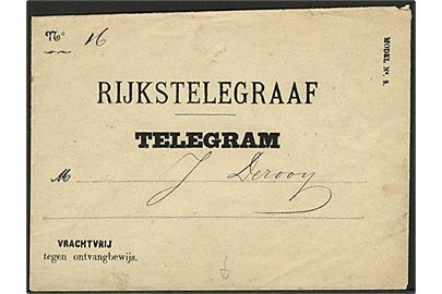Ufrankeret fortrykt Rijkstelegraf Telegram kuvert (Model No. 8). På bagsiden stationsstempel: Rijkstelegraam s'Hertogenbosch.
