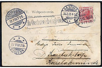Østrigsk 10 h. Franz Joseph på brevkort (Besteifelsen) annulleret med tysk bureaustempel Dresden - ? Bahnpost Zug 458 d. 9.7.1906 og sidestemplet In Oesterreich eingeliefert til Nakskov, Danmark - eftersendt til Karrebæksminde.