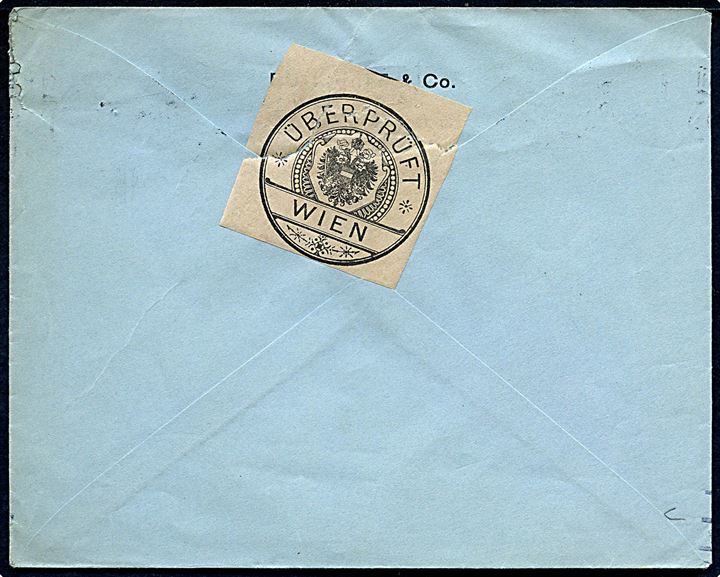 25 h. Franz Joseph med perfin J.G. på fortrykt kuvert fra firma Ed. Karnitz & Co. i Wien d. 13.10.1916 til København, Danmark. Åbnet af østrigsk censur i Wien.