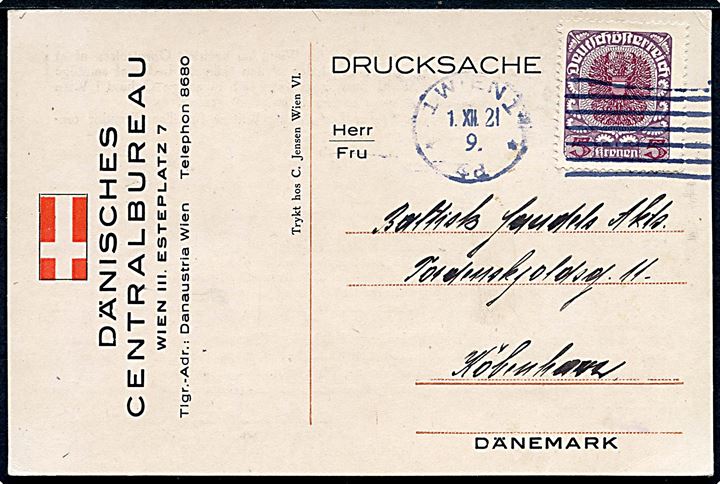 5 kr. Våben på tryksagskort fra Dänisches Centralbureau i Wien d. 1.12.1921 til København, Danmark. 