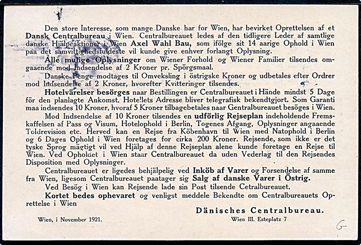 5 kr. Våben på tryksagskort fra Dänisches Centralbureau i Wien d. 1.12.1921 til København, Danmark. 
