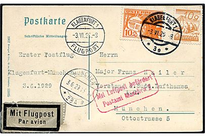 10 gr. Landskab og 10 gr. Luftpost på 1.-flyvnings luftpost-brevkort fra Klagenfurt d. 3.4.1929 til München, Tyskland. Rødt stempel: Mit Luftpost befördert Postamt München 2.