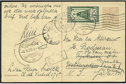 7½ c. Wilhelmina helsagsbrevkort opfrankeret med 5 c. fra Rotterdam d. 6.2.1925 til Weltevreden. Hollandsk Ostindien - eftersendt.
