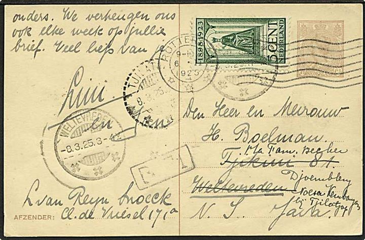 7½ c. Wilhelmina helsagsbrevkort opfrankeret med 5 c. fra Rotterdam d. 6.2.1925 til Weltevreden. Hollandsk Ostindien - eftersendt.