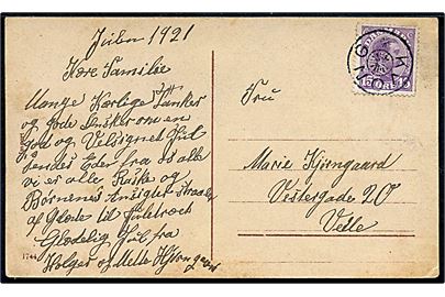 15 øre Chr. X på julekort dateret 1921 og annulleret med stjernestempel KVONG til Vejle. 