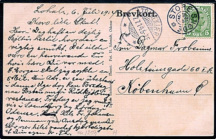 5 øre Chr. X på brevkort (Partier fra Lohals) annulleret med stjernestempel STORE SNØDE og sidestemplet Tranekjær d. 7.7.1914 til København.