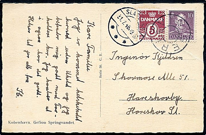 5 øre Bølgelinie og 10 øre Chr. X på brevkort annulleret med udslebet stjernestempel ØRSLEV og sidestemplet Slagelse d. 31.7.1946 til Hareskov.