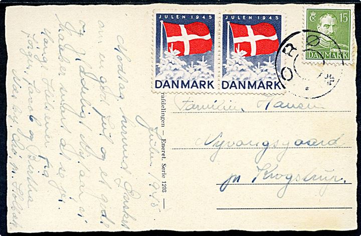 15 øre Chr. X og Julemærke 1945 i parstykke på julekort annulleret med udslebet stjernestempel ORØ til Krogstrup.