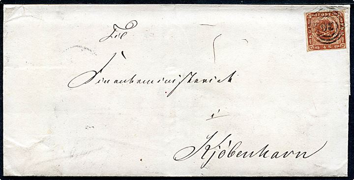 4 sk. 1854 udg. på brev annulleret med nr.stempel 30 og på bagsiden sidestemplet antiqua Horsens d. 2.10.1859 til Kjøbenhavn.
