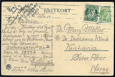 Dansk 5 øre Chr. X og norsk 5 øre Posthorn på blandingsfrankeret brevkort (København, Dr. Louises Bro med sporvogn) annulleret i Kristiania d. 18.7.1917 til Kristiania.