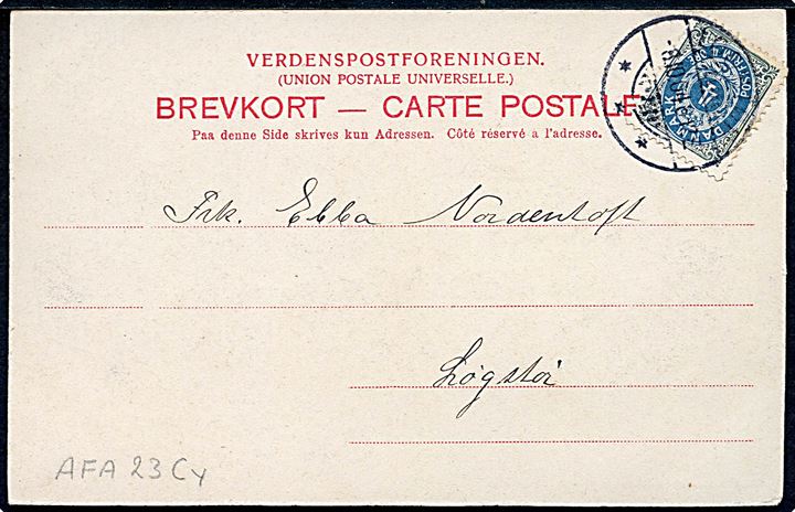 4 øre Tofarvet vm. III omv. rm. på tryksagskort (Frerderik d. VII's Kanal, Løgstør) sendt lokalt i Løgstør d. 8.10.1904. AFA: 2400,-