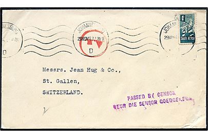 ½d Defence single på tryksag fra Johannesburg d. 29.11.1943 til St. Gallen, Schweiz. 2-sproget sydafrikansk censur og tysk passér stempel Ax fra Paris.