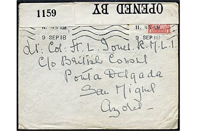1d George V på brev fra London d. 9.9.1918 til Lt. Col. H. L. Jones, R.M.L.I. (= Royal Marine Light Infantry) c/o British Consul, Ponta Delgada, San Miguel, Azores. Åbnet af britisk censur no. 1159.