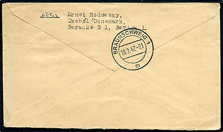 40 øre posthusfranko frankeret flygtningebrev Esbjerg d. 10.2.1947 til Braunschweig, Tyskland. Sendt fra tysk flygtning i Oksbøl. 