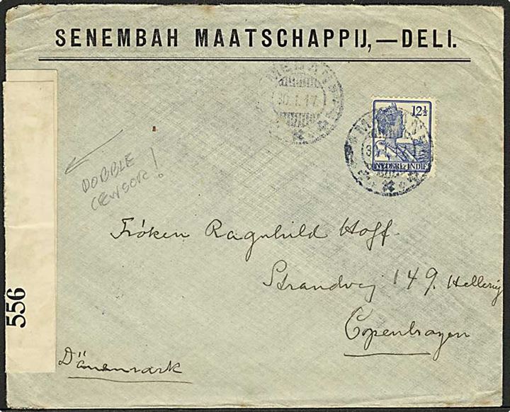 Hollandsk Indien. 12½ c. Wilhelmina på brev fra Madan d. 30.1.1917 til København, Danmark. Dobbelt censureret af den britiske censur med banderole no. 556 & 4188.