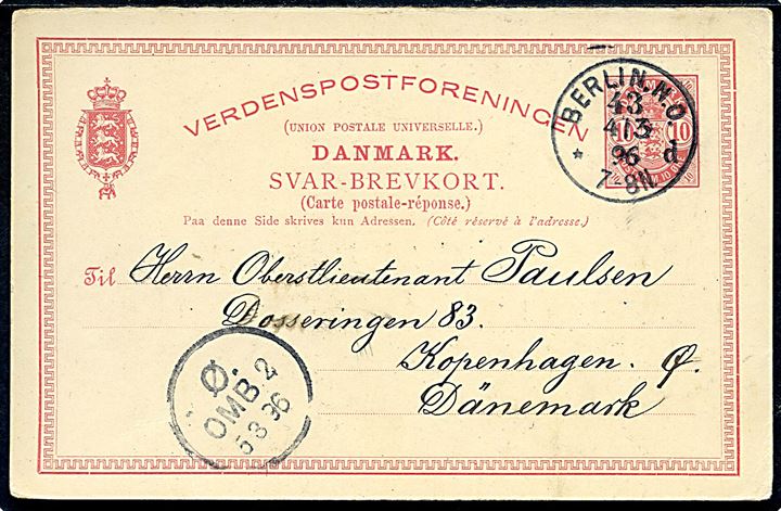 10 øre Våben svardel af dobbelt helsagsbrevkort annulleret i Berlin d. 4.3.1896 til København.