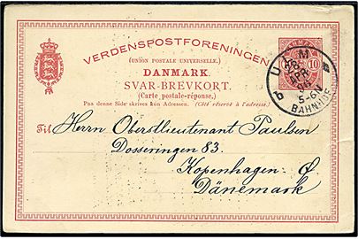 10 øre Våben svardel af dobbelt helsagsbrevkort annulleret med tysk stempel Ulm Bahnhof d. 28.4.1896 til København.