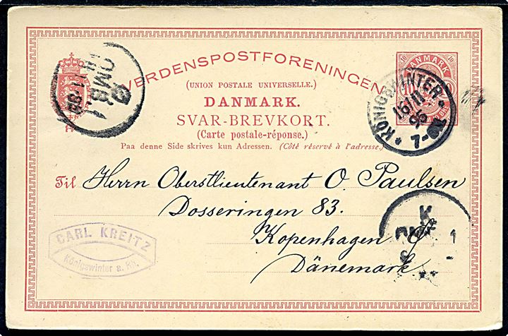 10 øre Våben svardel af dobbelt helsagsbrevkort annulleret med tysk stempel i Königswinter d. 16.11.1895 til København.