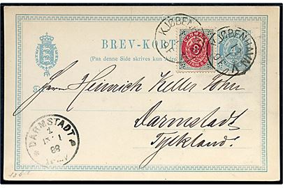 4 øre helsagsbrevkort opfrankeret med 8 øre Tofarvet fra Kjøbenhavn d. 12.1.1888 til Darmstadt, Tyskland. Overfrankeret 2 øre.