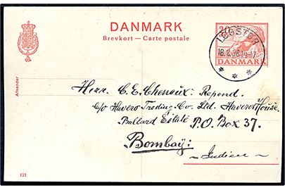 20 øre Kæmpehøj helsagsbrevkort (fabr. 121) annulleret med brotype IIIc Løgstør d. 18.8.1938 til Bombay, Indien.