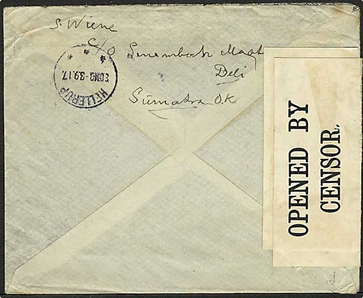Hollandsk Indien. 12½ c. Wilhelmina på brev fra Madan d. 30.1.1917 til København, Danmark. Dobbelt censureret af den britiske censur med banderole no. 556 & 4188.