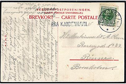 5 øre Fr. VIII på brevkort (Dampskibe ved Kvæsthusbroen) annulleret Rønne d. 12.4.1908 og sidestemplet Fra Kjøbenhavn til Rønne.