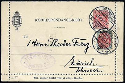 8 øre helsags korrespondancekort med fuld rand opfrankeret med 12 øre Tofarvet 20. tryk omv. rm. fra Kjøbenhavn d. 8.6.1896 til Zürich, Schweiz.