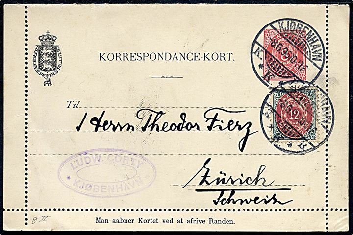 8 øre helsags korrespondancekort med fuld rand opfrankeret med 12 øre Tofarvet 20. tryk omv. rm. fra Kjøbenhavn d. 8.6.1896 til Zürich, Schweiz.