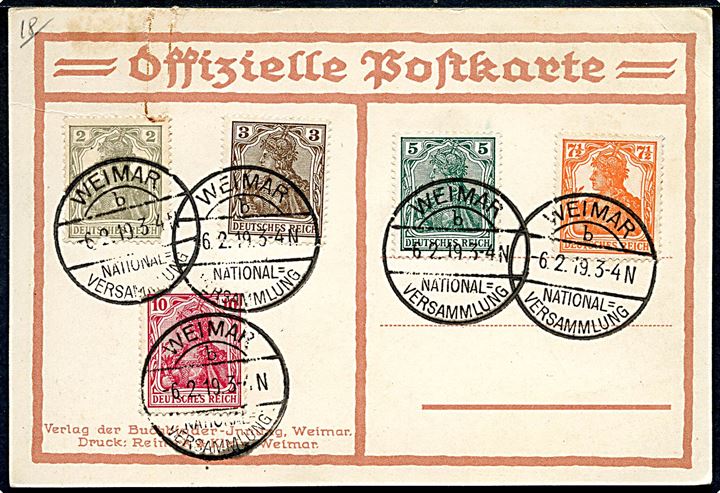 Div. Germania udg. på uadresseret officielt postkort annulleret Weimar / National-Versammlung d. 6.2.1919.