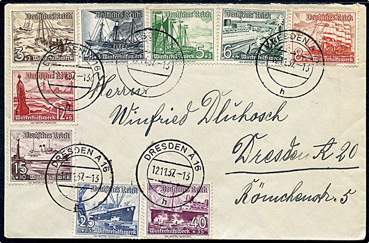 Komplet sæt Winter Hilfswerk 1937 udg. på lokalbrev i Dresden d. 12.11.1937.