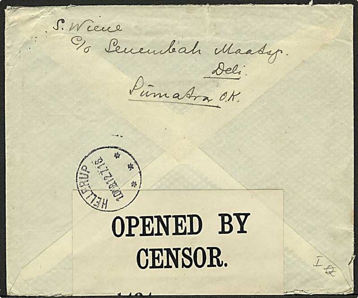 Hollandsk Indien. 12½ c. Wilhelmina på brev fra Madan d. 15.5.1916 til København, Danmark. Åbnet af britisk censur no. 1434.
