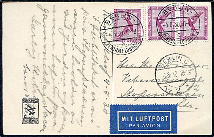 15 pfg. Luftpost (3) på brevkort (Zentralflughafen Berlin) annulleret Berlin Zentralflughafen d. 4.8.1930 til København, Danmark.