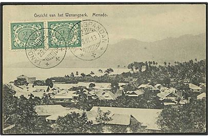 Hollandsk Indien. 2½ c. Ciffer i parstykke på billedside af brevkort stemplet Tandjongpandan d. 25.11.1913 til Abruzzo, Italien.