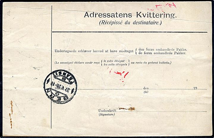 4 øre Bølgelinie, 30 øre og 2 kr. Chr. X på 2,34 kr. frankeret internationalt adressekort for pakke dirigeret via England fra Kjøbenhavn d. 8.4.1920 via Göteborg d. 21.4.1920 og Basel til Bern, Schweiz.