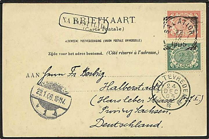 Hollandsk Indien. 2½ c. og 5 c. Ciffer på brevkort fra Salatiga d. 22.12.1905 via Weltevreden til Halberstadt, Tyskland.