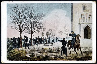 Krigen 1864. Danske tropper i stilling ved det befæstede kirkegårdsdige ved Dybbøl Kirke d. 17.3.1864. J. Simonsen no. 800.