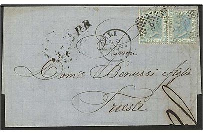 20 cmi. Victor Emanuel II i parstykke på brev annulleret med nr.stempel 18 fra Forli d. 2.7.1870 til Trieste, Østrig.