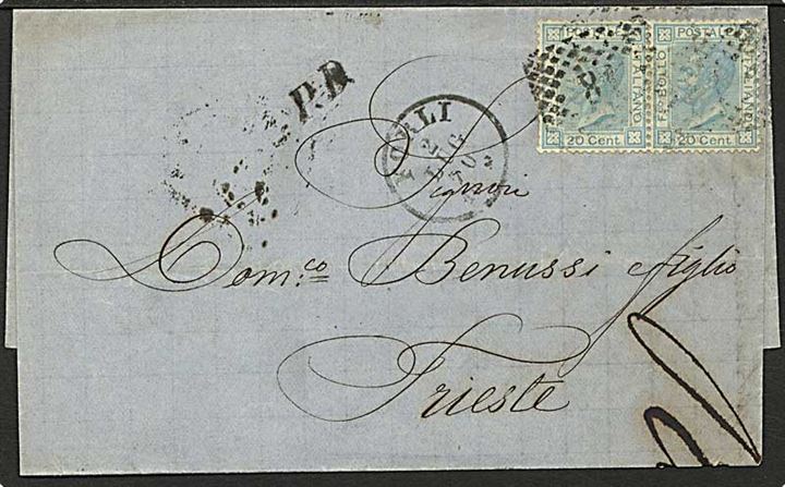 20 cmi. Victor Emanuel II i parstykke på brev annulleret med nr.stempel 18 fra Forli d. 2.7.1870 til Trieste, Østrig.